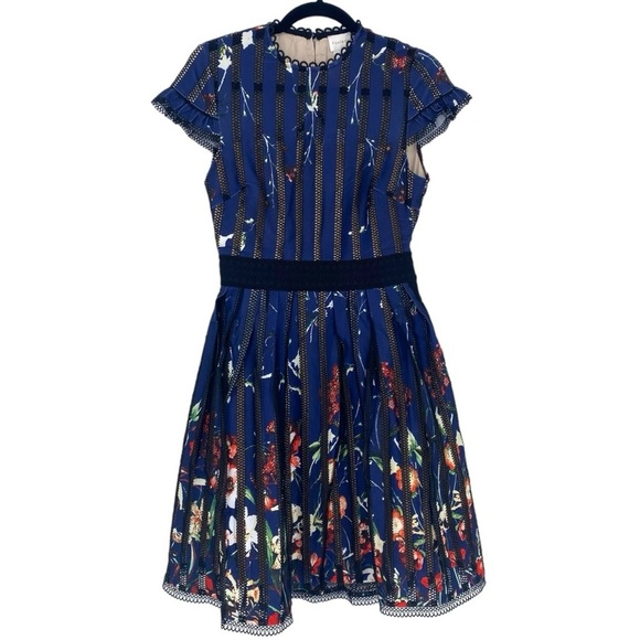 foxiedox Dress Womens Large Blue Bryonia Mini Floral Print Cap Sleeve Lace Party - Picture 3 of 16